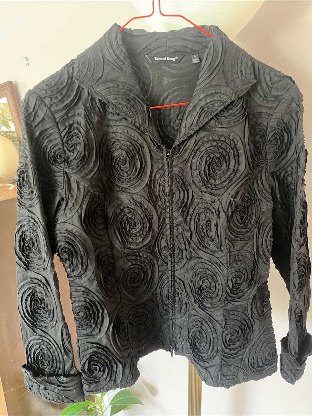 Samuel Dong Black Textured Rosette Zip-Front Jacket